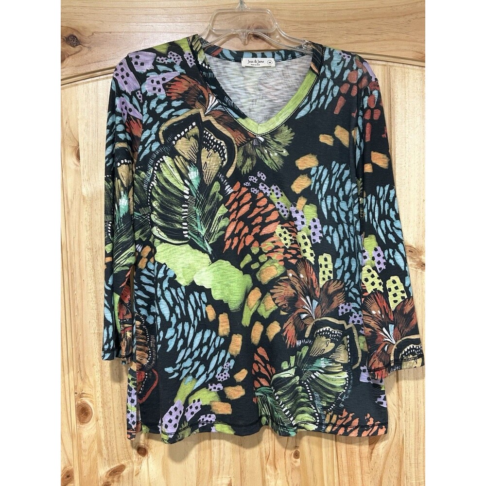 Jess & Jane Tunic Top Multi Color V Neck 3/4 Sleeves Size M Abstract Print